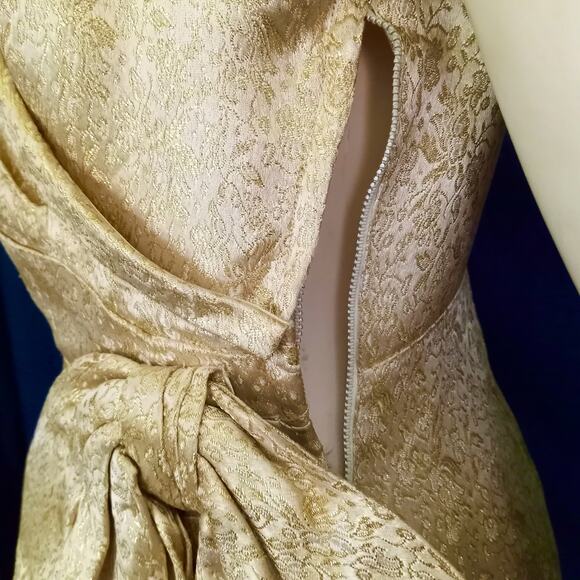 Vintage Couture Gold Brocade Cocktail Dress Cream M Bow Pouf Collar Short Sleeve - Picture 6 of 10